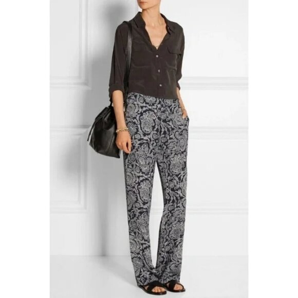 THEORY Mitrana Georgette Wide Leg Pant ~ 100% Silk Navy Blue Paisley Print Large - Picture 3 of 15